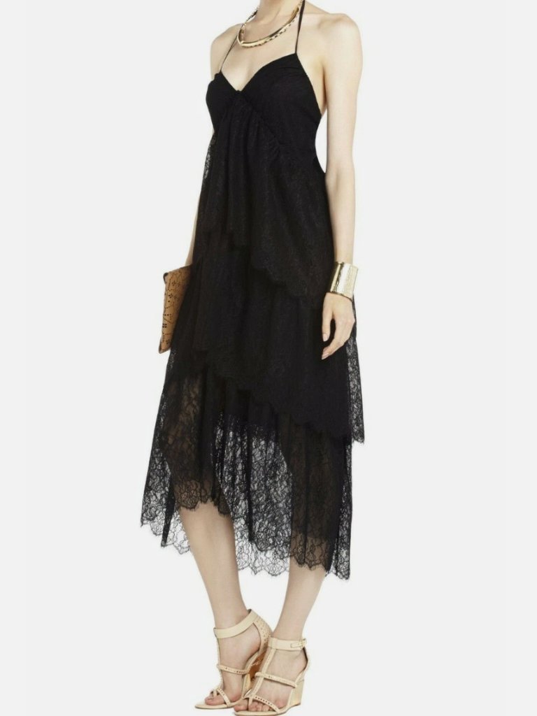 Bcbgmaxazria - Black Lace Tiered Halter Dress - Xxs